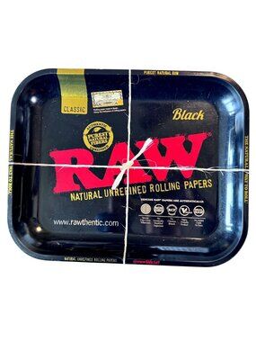 Authentic RAW Black Classic Metal Rolling Tray Large 13.5x10.75 Inches Tobacco C